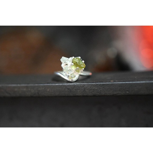 Raw Peridot and Diamond Engagement Ring, Raw Diamond Ring, Size 5 Engage… - Picture 6 of 9
